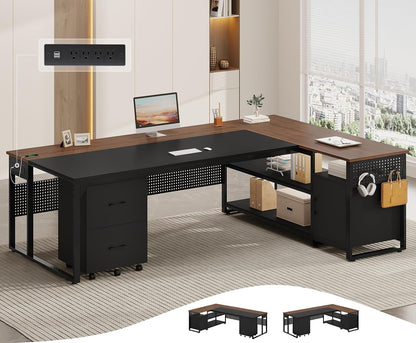 71" L Shaped Executive Desk, Reversible Computer Desk with Mobile File Cabinet and Power Outlets, Large Office Desk with Storage Shelves for Home Office, Walnut