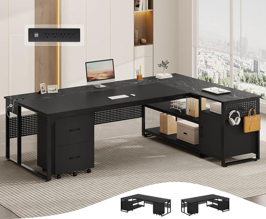 71" L Shaped Executive Desk, Reversible Computer Desk with Mobile File Cabinet and Power Outlets, Large Office Desk with Storage Shelves for Home Office, Marble Black