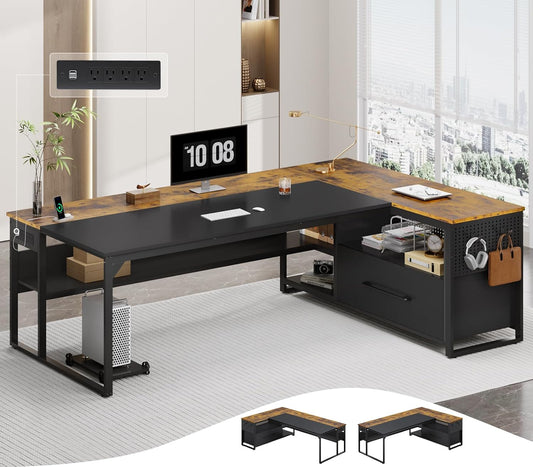 71" Executive Desk, Reversible L Shaped Computer Desk with Widen File Drawers and Power Outlets, Corner Desk Business Furniture, Rustic Brown