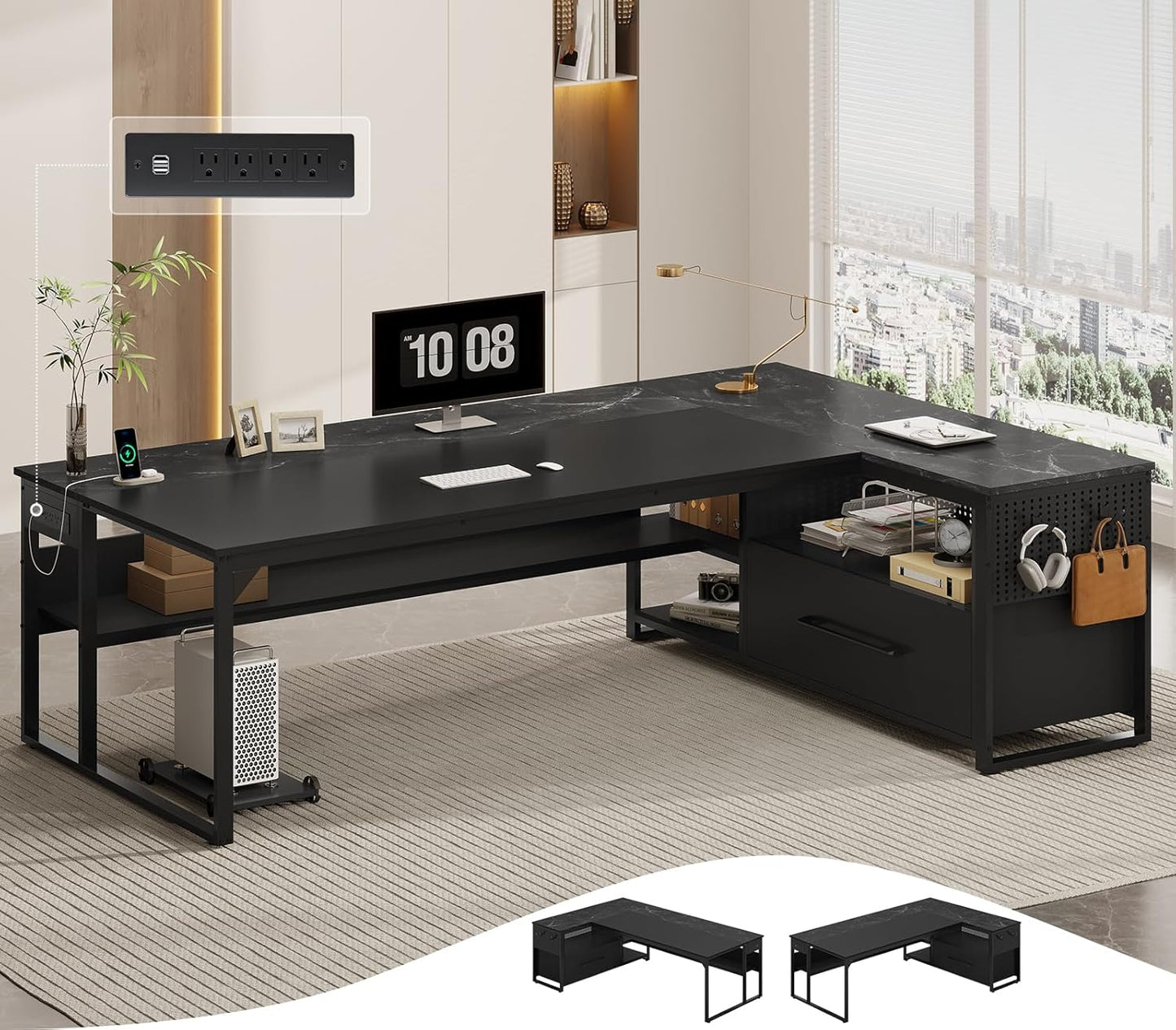71" L Shaped Executive Desk, Large Office Desk with Widen File Drawers and Power Outlets, Reversible Computer Desk Corner Desk with Storage Shelves, Marble Black