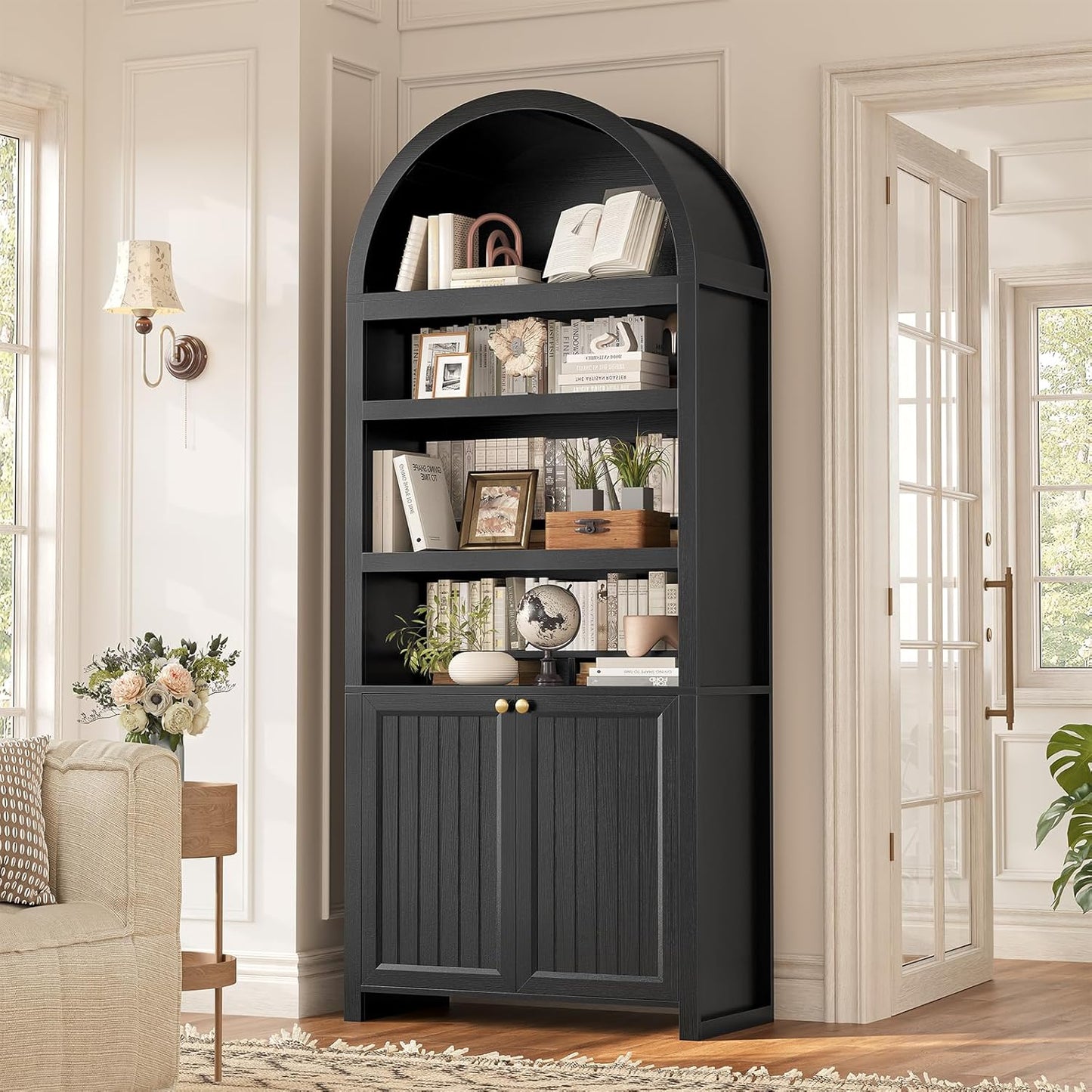 81" Tall Arched Bookshelf, Kitchen Pantry Storage Cabinet, 6-Tier Bookcase with 2 Doors for Living Room, Kitchen, Home Office, Black