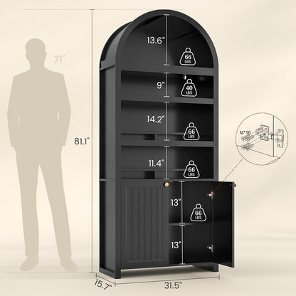 81" Tall Arched Bookshelf, Kitchen Pantry Storage Cabinet, 6-Tier Bookcase with 2 Doors for Living Room, Kitchen, Home Office, Black