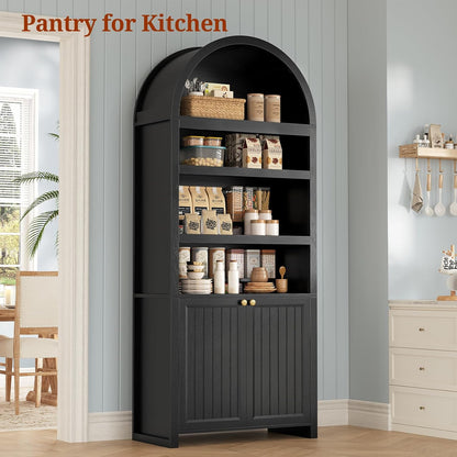 81" Tall Arched Bookshelf, Kitchen Pantry Storage Cabinet, 6-Tier Bookcase with 2 Doors for Living Room, Kitchen, Home Office, Black