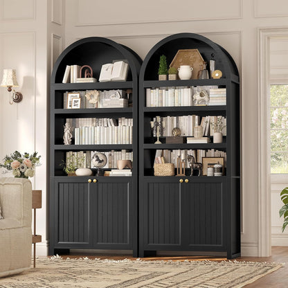 81" Tall Arched Bookshelf, Kitchen Pantry Storage Cabinet, 6-Tier Bookcase with 2 Doors for Living Room, Kitchen, Home Office, Black