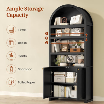 81" Tall Arched Bookshelf, Kitchen Pantry Storage Cabinet, 6-Tier Bookcase with 2 Doors for Living Room, Kitchen, Home Office, Black