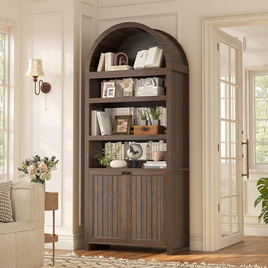 81" Tall Arched Bookshelf, Kitchen Pantry Storage Cabinet, 6-Tier Bookcase with 2 Doors for Living Room, Kitchen, Home Office, Walnut