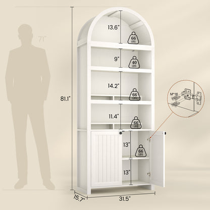81" Tall Arched Bookshelf, Kitchen Pantry Storage Cabinet, 6-Tier Bookcase with 2 Doors for Living Room, Kitchen, Home Office, Antique White