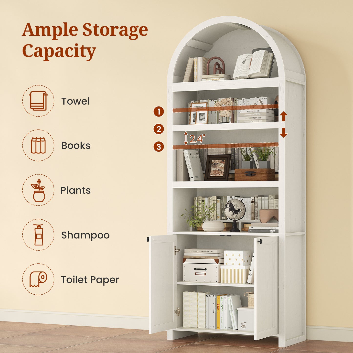 81" Tall Arched Bookshelf, Kitchen Pantry Storage Cabinet, 6-Tier Bookcase with 2 Doors for Living Room, Kitchen, Home Office, Antique White