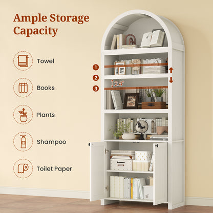 81" Tall Arched Bookshelf, Kitchen Pantry Storage Cabinet, 6-Tier Bookcase with 2 Doors for Living Room, Kitchen, Home Office, Antique White