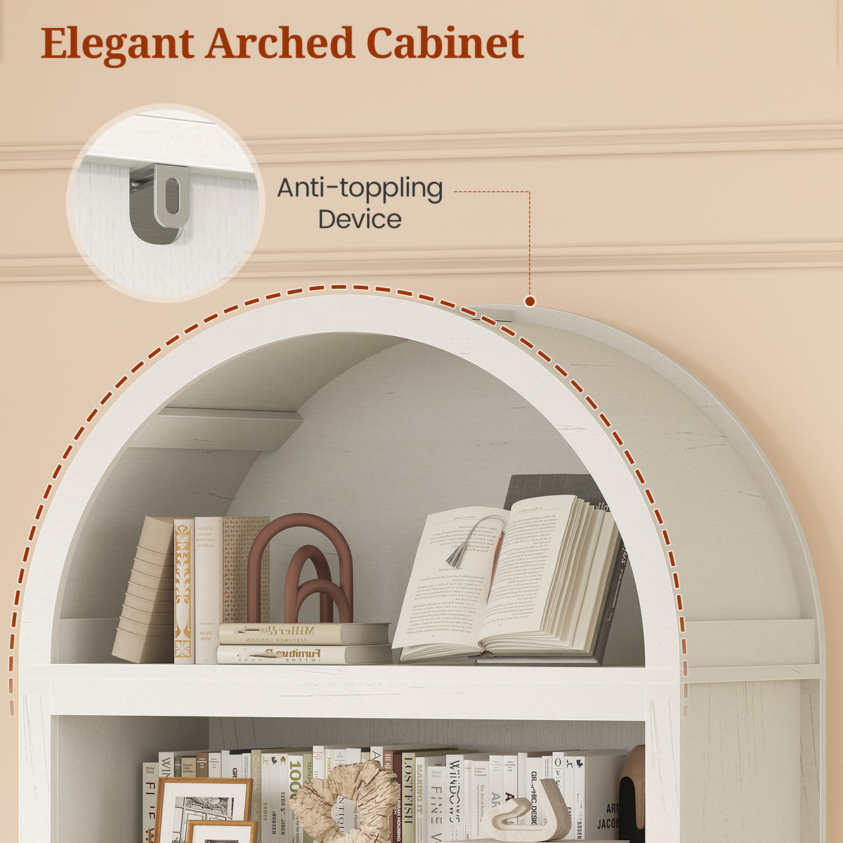 81" Tall Arched Bookshelf, Kitchen Pantry Storage Cabinet, 6-Tier Bookcase with 2 Doors for Living Room, Kitchen, Home Office, Antique White