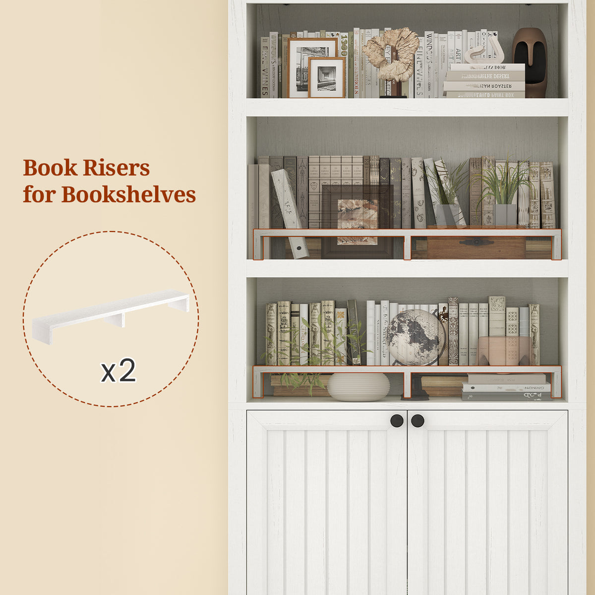 81" Tall Arched Bookshelf, Kitchen Pantry Storage Cabinet, 6-Tier Bookcase with 2 Doors for Living Room, Kitchen, Home Office, Antique White