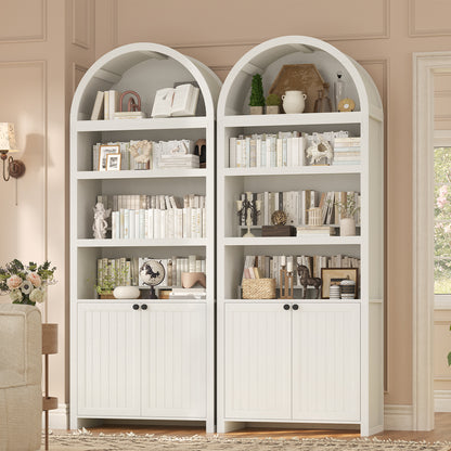 81" Tall Arched Bookshelf, Kitchen Pantry Storage Cabinet, 6-Tier Bookcase with 2 Doors for Living Room, Kitchen, Home Office, Antique White