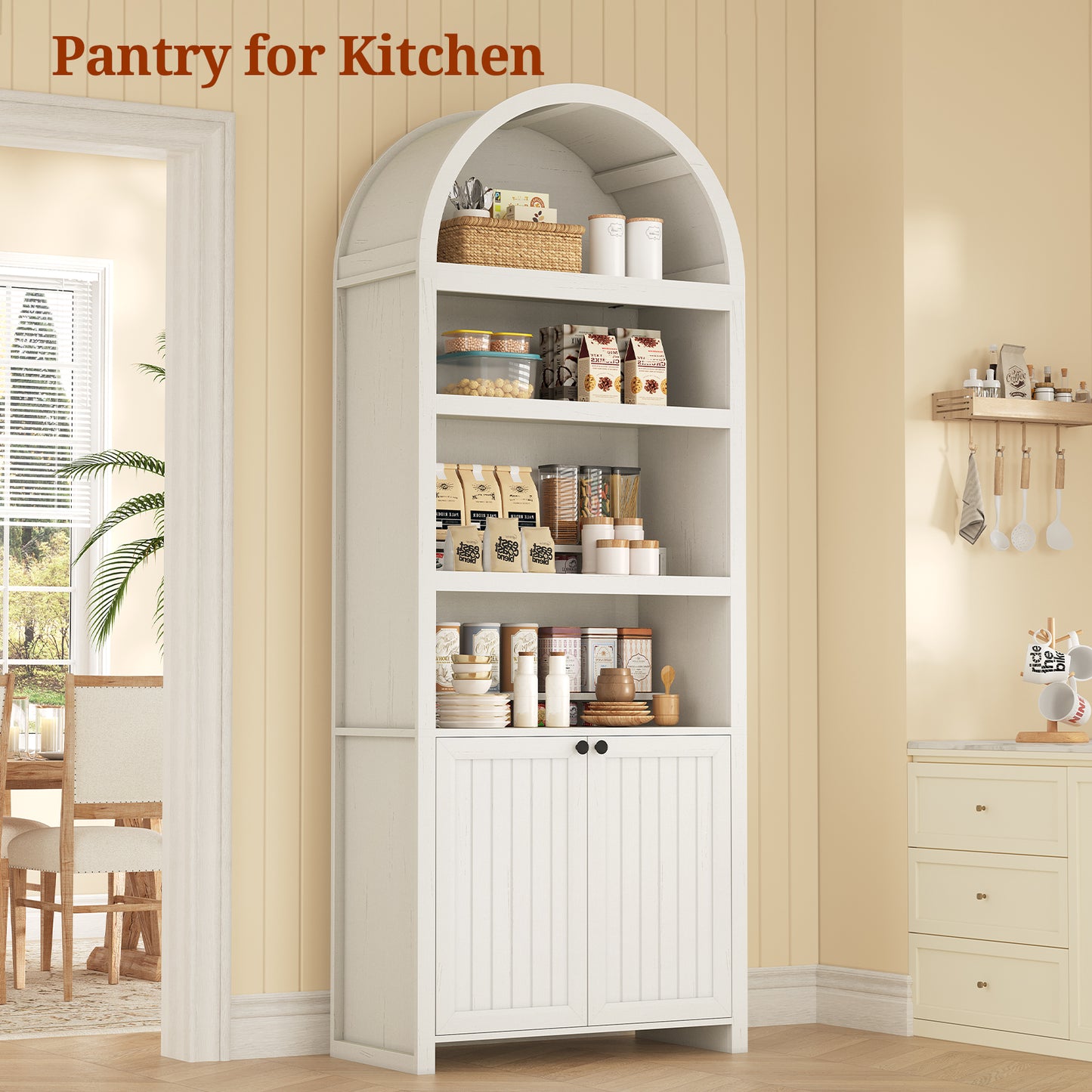 81" Tall Arched Bookshelf, Kitchen Pantry Storage Cabinet, 6-Tier Bookcase with 2 Doors for Living Room, Kitchen, Home Office, Antique White