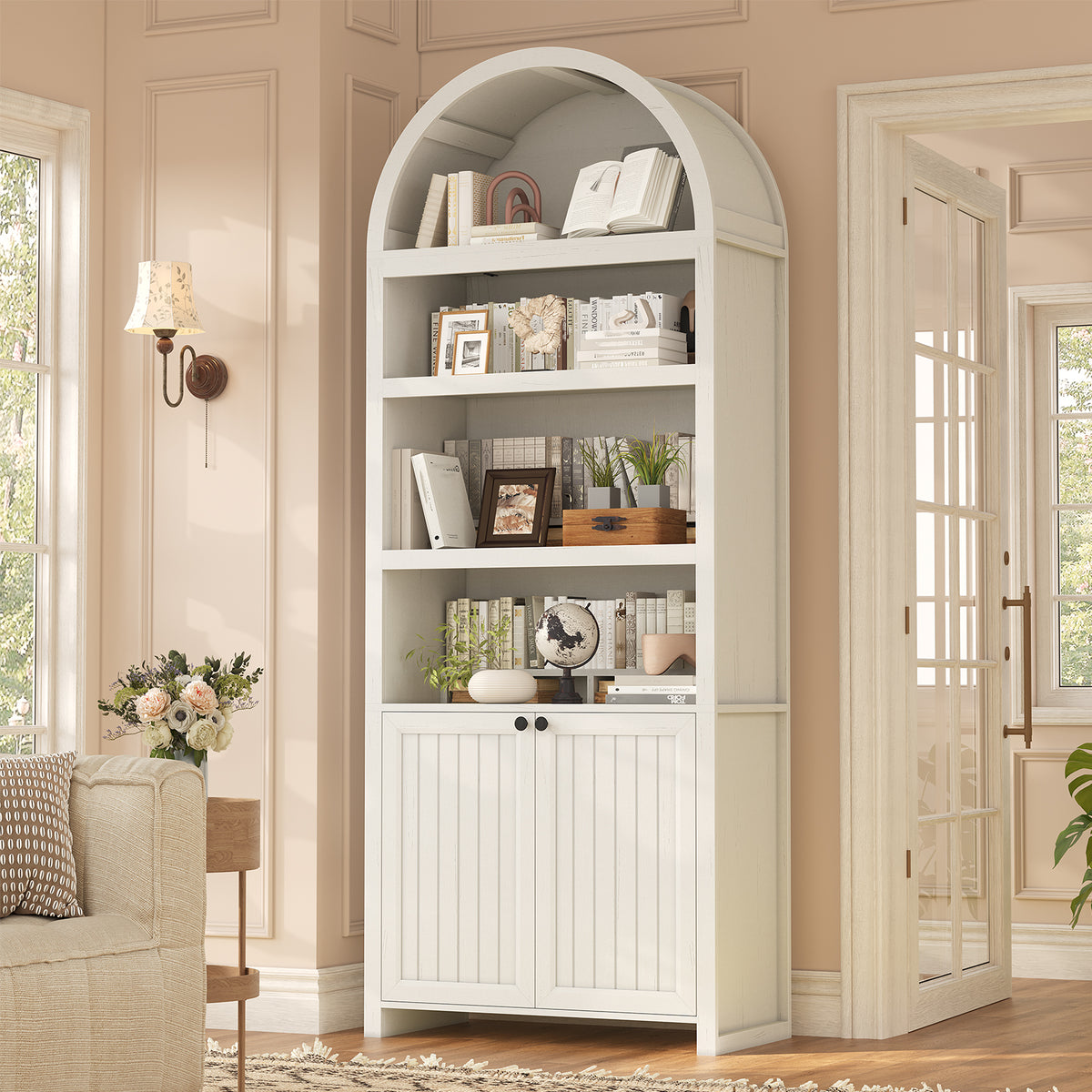 81" Tall Arched Bookshelf, Kitchen Pantry Storage Cabinet, 6-Tier Bookcase with 2 Doors for Living Room, Kitchen, Home Office, Antique White