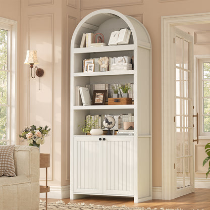81" Tall Arched Bookshelf, Kitchen Pantry Storage Cabinet, 6-Tier Bookcase with 2 Doors for Living Room, Kitchen, Home Office, Antique White