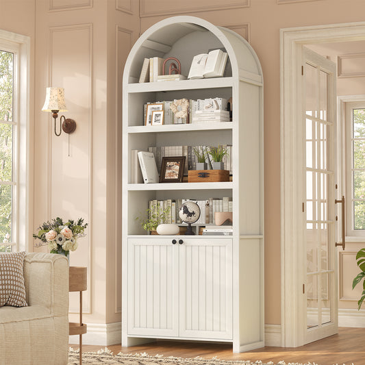 81" Tall Arched Bookshelf, Kitchen Pantry Storage Cabinet, 6-Tier Bookcase with 2 Doors for Living Room, Kitchen, Home Office, Antique White