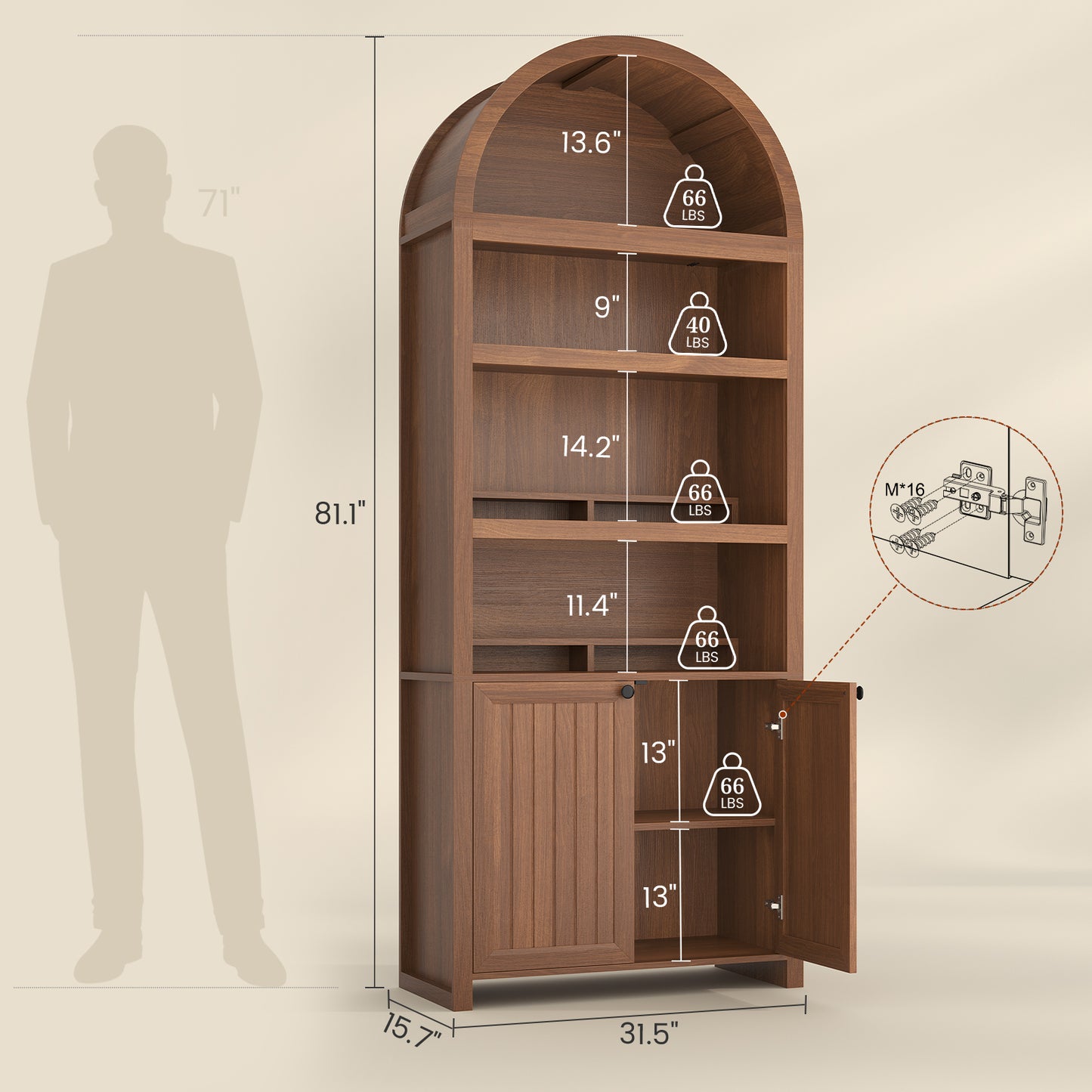 81" Tall Arched Bookshelf, Kitchen Pantry Storage Cabinet, 6-Tier Bookcase with 2 Doors for Living Room, Kitchen, Home Office, Brown