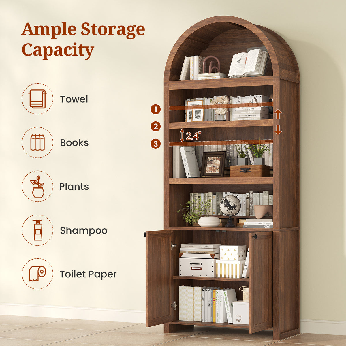 81" Tall Arched Bookshelf, Kitchen Pantry Storage Cabinet, 6-Tier Bookcase with 2 Doors for Living Room, Kitchen, Home Office, Brown