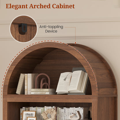 81" Tall Arched Bookshelf, Kitchen Pantry Storage Cabinet, 6-Tier Bookcase with 2 Doors for Living Room, Kitchen, Home Office, Brown