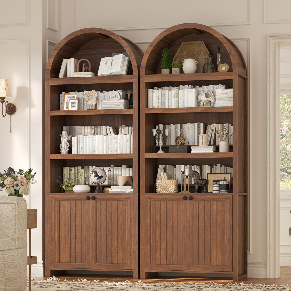 81" Tall Arched Bookshelf, Kitchen Pantry Storage Cabinet, 6-Tier Bookcase with 2 Doors for Living Room, Kitchen, Home Office, Brown