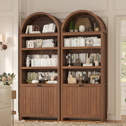 81" Tall Arched Bookshelf, Kitchen Pantry Storage Cabinet, 6-Tier Bookcase with 2 Doors for Living Room, Kitchen, Home Office, Brown