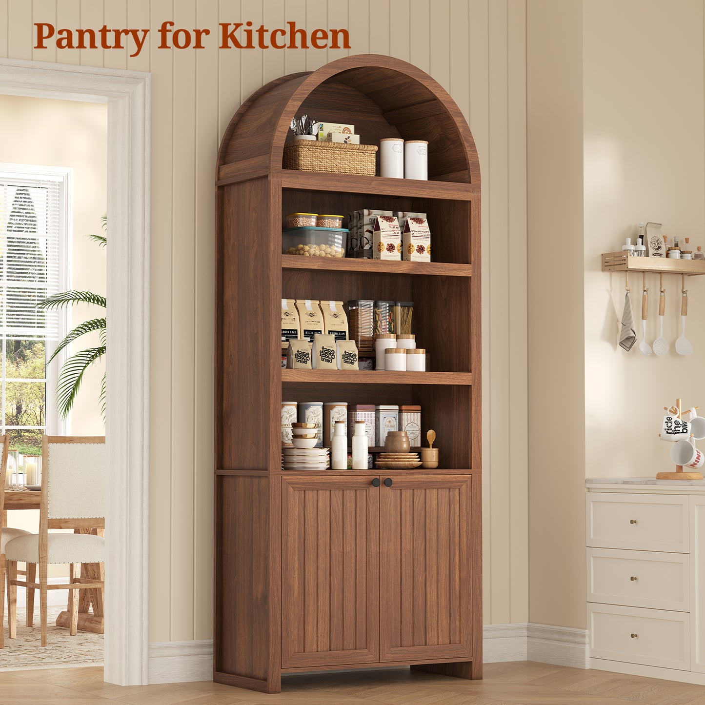 81" Tall Arched Bookshelf, Kitchen Pantry Storage Cabinet, 6-Tier Bookcase with 2 Doors for Living Room, Kitchen, Home Office, Brown