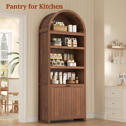 81" Tall Arched Bookshelf, Kitchen Pantry Storage Cabinet, 6-Tier Bookcase with 2 Doors for Living Room, Kitchen, Home Office, Brown