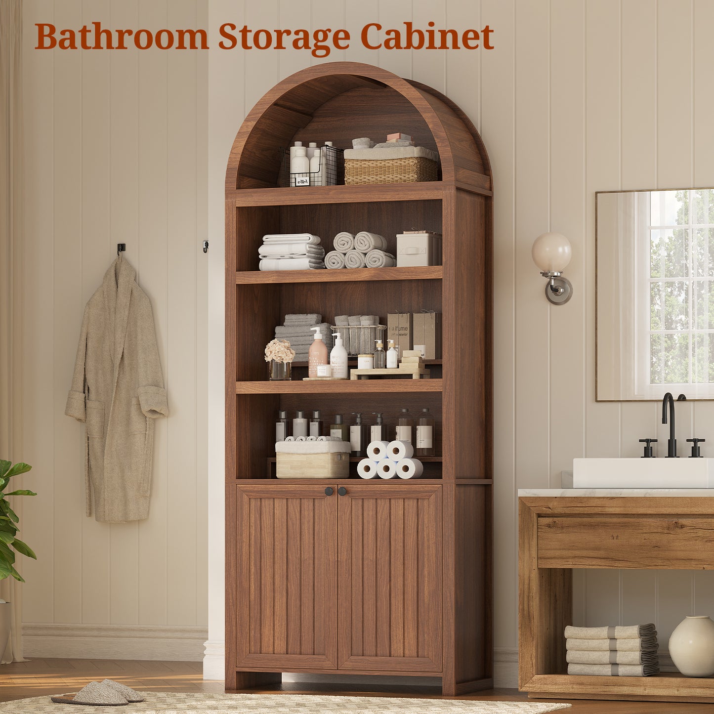 81" Tall Arched Bookshelf, Kitchen Pantry Storage Cabinet, 6-Tier Bookcase with 2 Doors for Living Room, Kitchen, Home Office, Brown