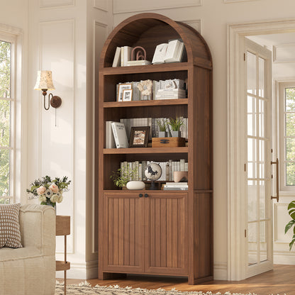 81" Tall Arched Bookshelf, Kitchen Pantry Storage Cabinet, 6-Tier Bookcase with 2 Doors for Living Room, Kitchen, Home Office, Brown