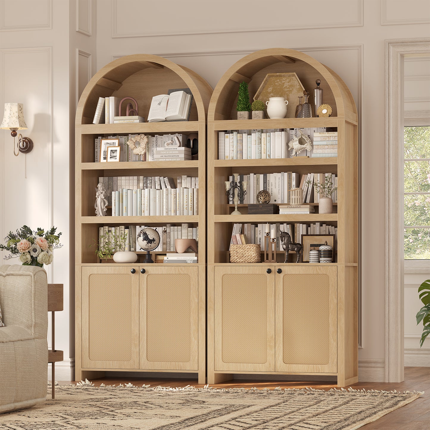 81" Tall Arched Kitchen Pantry Storage Cabinet, 6-Tier Bookcase with 2 Doors for Living Room, Kitchen, Home Office, Oak
