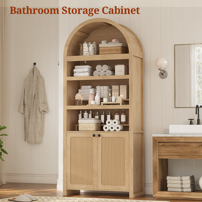 81" Tall Arched Kitchen Pantry Storage Cabinet, 6-Tier Bookcase with 2 Doors for Living Room, Kitchen, Home Office, Oak