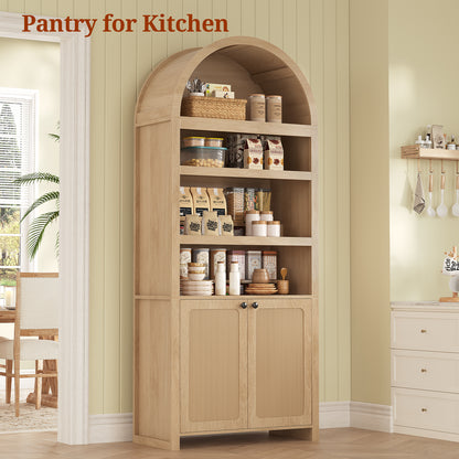 81" Tall Arched Kitchen Pantry Storage Cabinet, 6-Tier Bookcase with 2 Doors for Living Room, Kitchen, Home Office, Oak