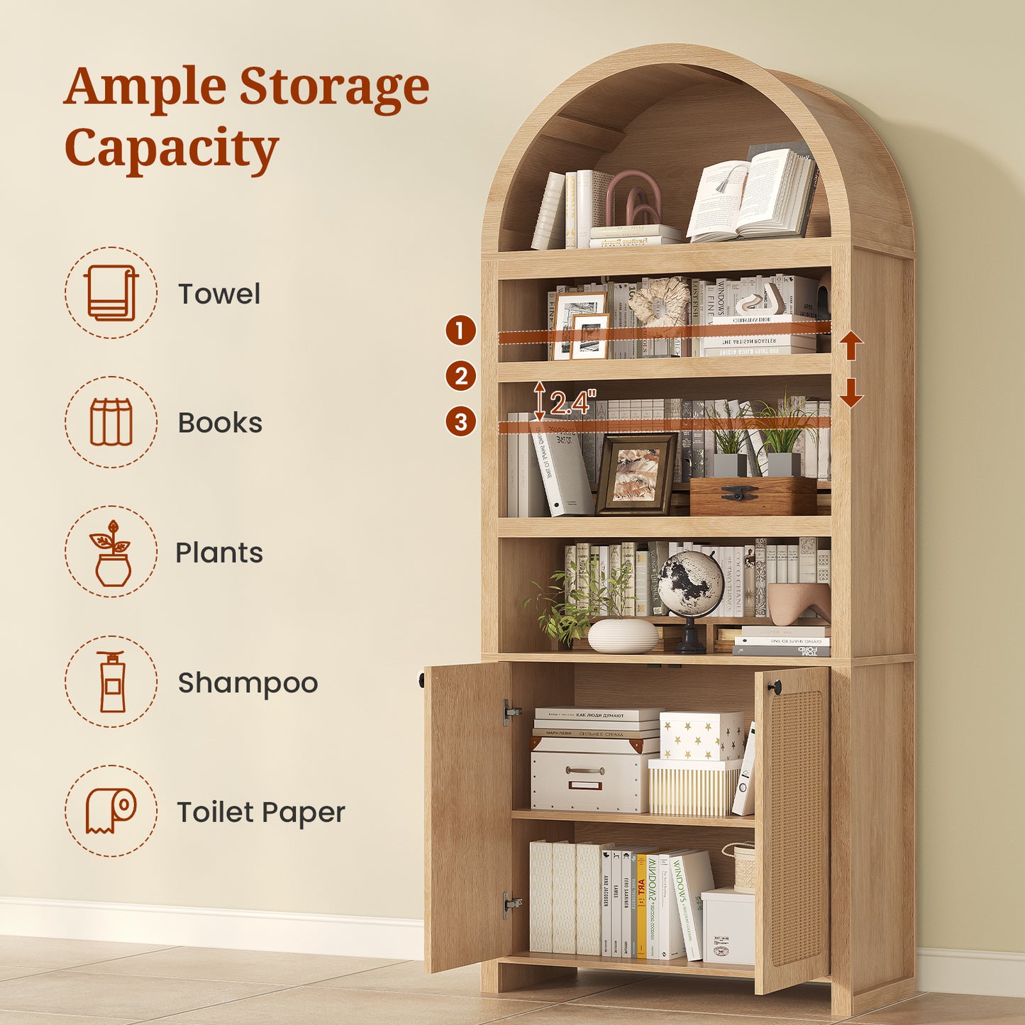 81" Tall Arched Kitchen Pantry Storage Cabinet, 6-Tier Bookcase with 2 Doors for Living Room, Kitchen, Home Office, Oak