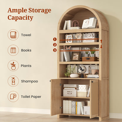 81" Tall Arched Kitchen Pantry Storage Cabinet, 6-Tier Bookcase with 2 Doors for Living Room, Kitchen, Home Office, Oak