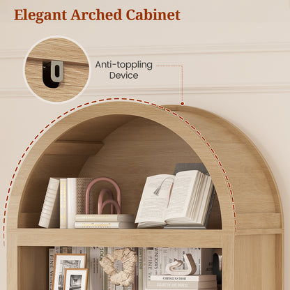 81" Tall Arched Kitchen Pantry Storage Cabinet, 6-Tier Bookcase with 2 Doors for Living Room, Kitchen, Home Office, Oak