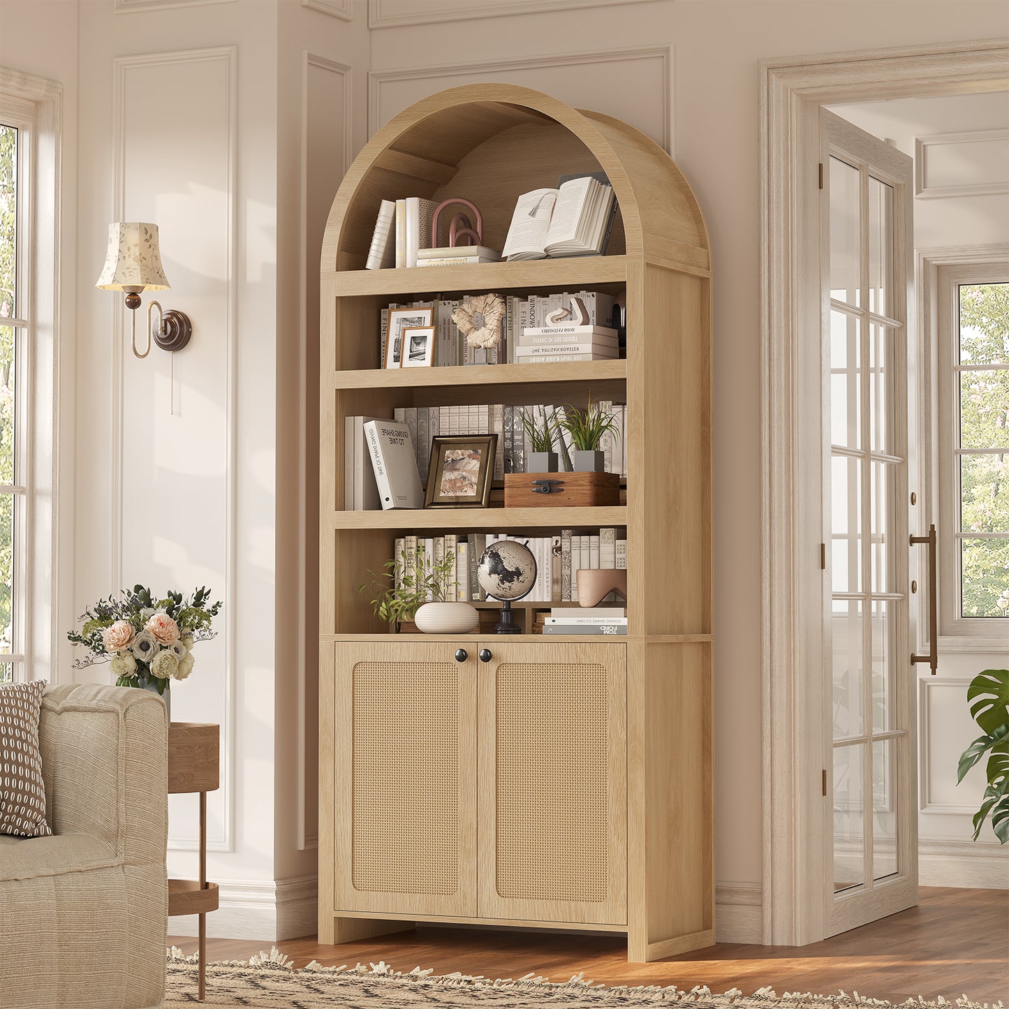 81" Tall Arched Kitchen Pantry Storage Cabinet, 6-Tier Bookcase with 2 Doors for Living Room, Kitchen, Home Office, Oak