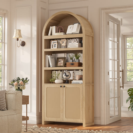 81" Tall Arched Kitchen Pantry Storage Cabinet, 6-Tier Bookcase with 2 Doors for Living Room, Kitchen, Home Office, Oak