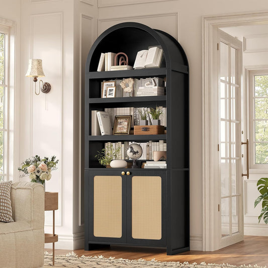 81" Tall Arched Kitchen Pantry Storage Cabinet, 6-Tier Bookcase with 2 Doors for Living Room, Kitchen, Home Office, Black+Oak