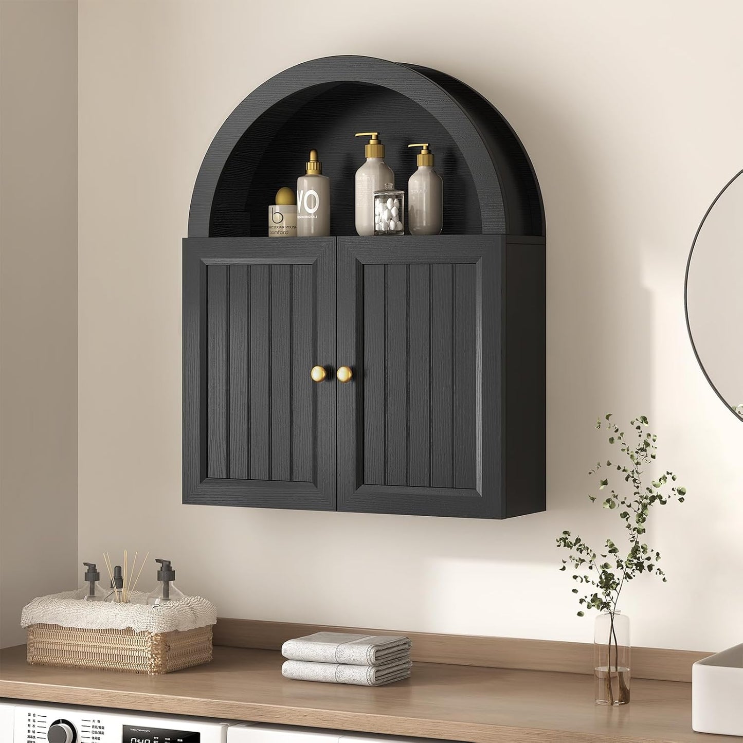 Arched Wall Cabinet, Wall Mounted Cabinets with Grille Door and Adjustable Shelf for Bathroom Laundry Room Kitchen, Modern Black