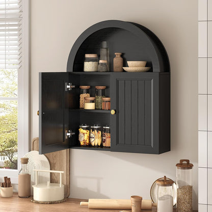 Arched Wall Cabinet, Wall Mounted Cabinets with Grille Door and Adjustable Shelf for Bathroom Laundry Room Kitchen, Modern Black