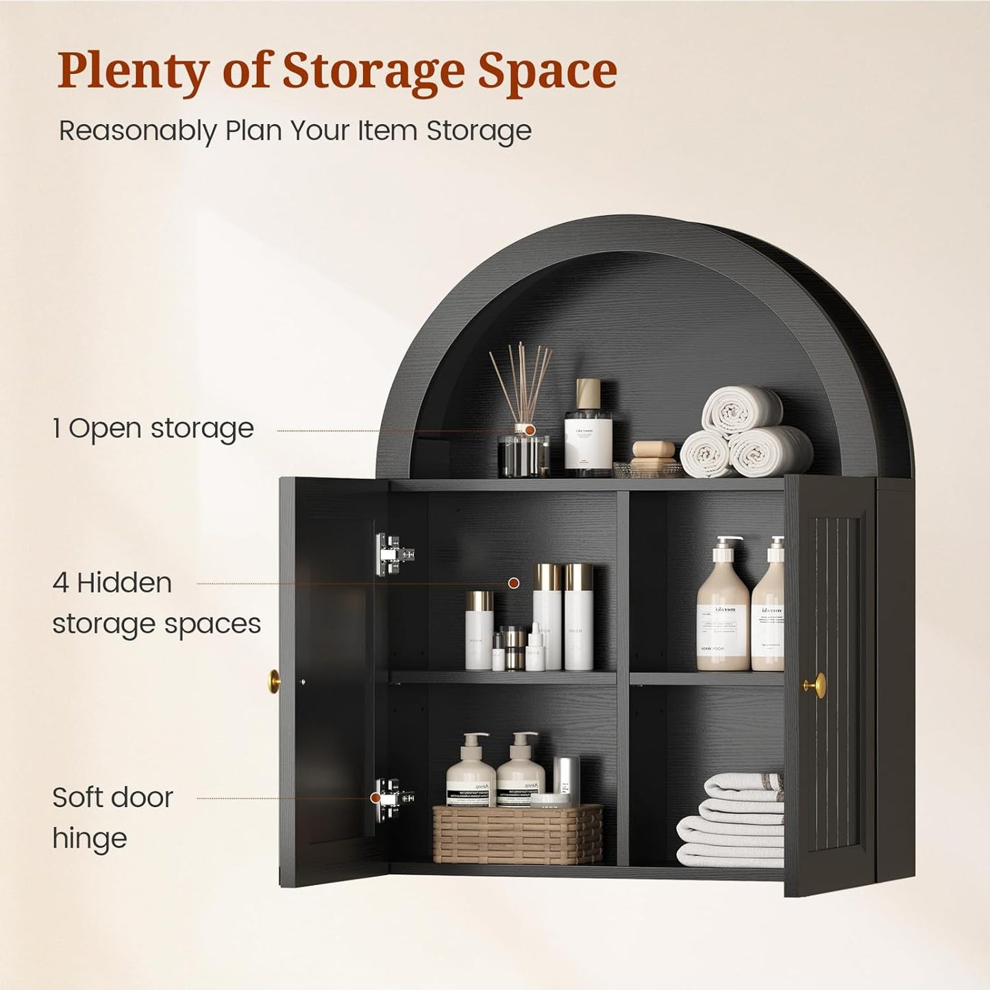 Arched Wall Cabinet, Wall Mounted Cabinets with Grille Door and Adjustable Shelf for Bathroom Laundry Room Kitchen, Modern Black