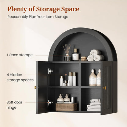 Arched Wall Cabinet, Wall Mounted Cabinets with Grille Door and Adjustable Shelf for Bathroom Laundry Room Kitchen, Modern Black