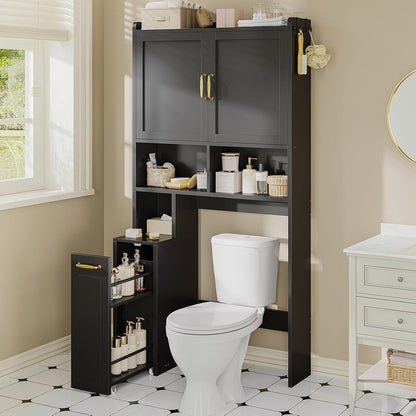 Over The Toilet Storage Cabinet with Pulley, Bathroom Storage Cabinet, with Adjustable Shelf and Open Shelf for Bathroom, Restroom, Laundry, Black