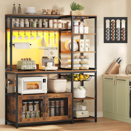 Bakers Rack with Power Outlet and LED Light, Coffee Bar with Coffee Pod Holder, Kitchen Microwave Stand with Storage Shelves, Cabinet, Wire Basket, 8 Hooks, Rustic Brown