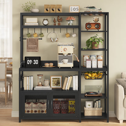 Bakers Rack with Power Outlet and LED Light, Coffee Bar with Coffee Pod Holder, Kitchen Microwave Stand with Storage Shelves, Cabinet, Wire Basket, 8 Hooks, Classic Black