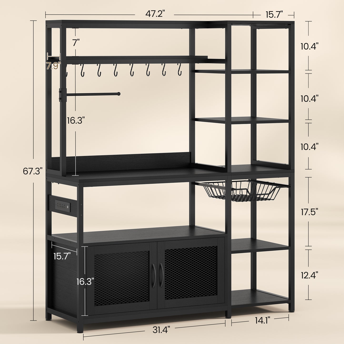 Bakers Rack with Power Outlet and LED Light, Coffee Bar with Coffee Pod Holder, Kitchen Microwave Stand with Storage Shelves, Cabinet, Wire Basket, 8 Hooks, Classic Black