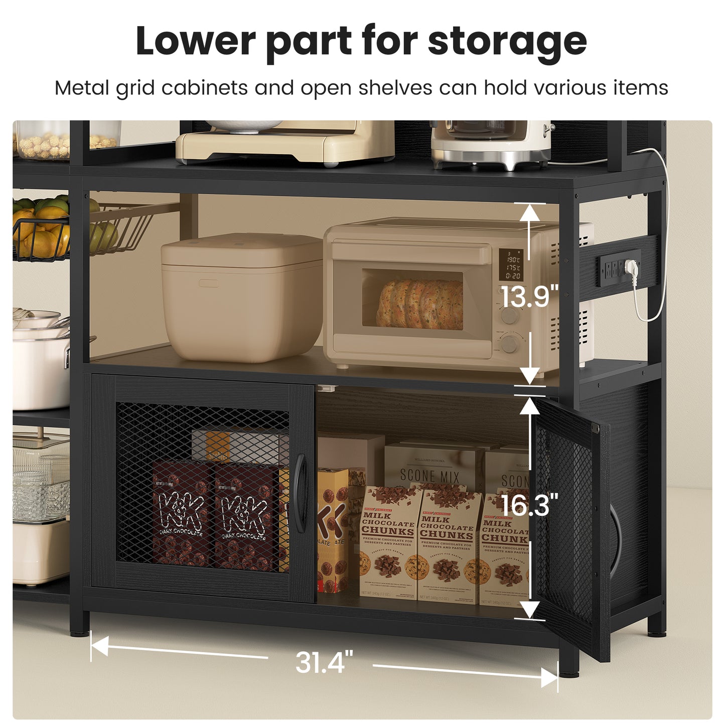 Bakers Rack with Power Outlet and LED Light, Coffee Bar with Coffee Pod Holder, Kitchen Microwave Stand with Storage Shelves, Cabinet, Wire Basket, 8 Hooks, Classic Black