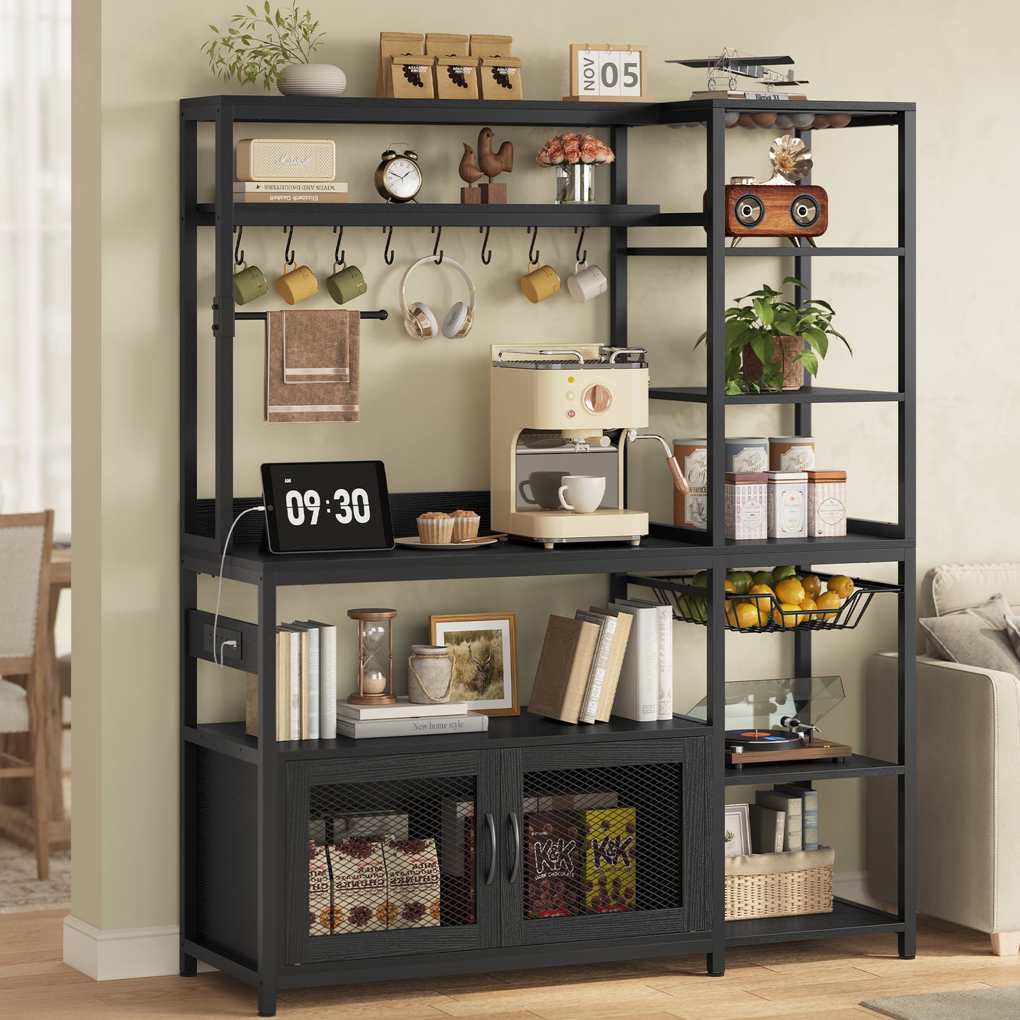 Bakers Rack with Power Outlet and LED Light, Coffee Bar with Coffee Pod Holder, Kitchen Microwave Stand with Storage Shelves, Cabinet, Wire Basket, 8 Hooks, Classic Black