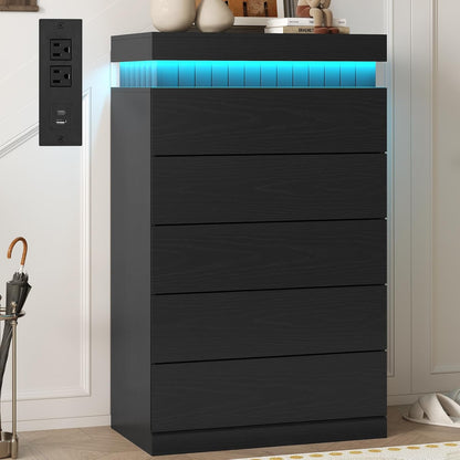 5 Drawers Dresser, Modern Floating Dressers with LED Light and Power Outlet, Chest of Drawer for Living Room, Hallway, Entryway, Black