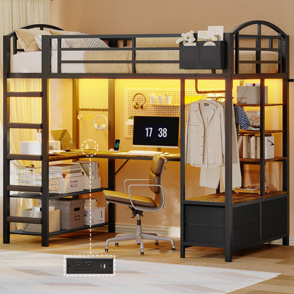 Twin Size Loft Bed with L Shaped Desk and 4 Drawers, Metal Bed Frame with Storage Shelf, Power Outlet and LED Lighted, No Box Spring Needed, Black